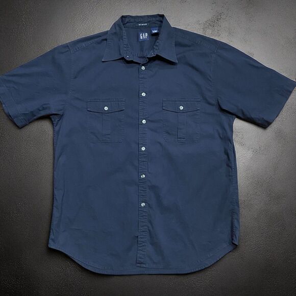 GAP Vintage 90s Stretch Button Down Dual Pocket Navy Shirt Men's Size Large - Picture 1 of 7